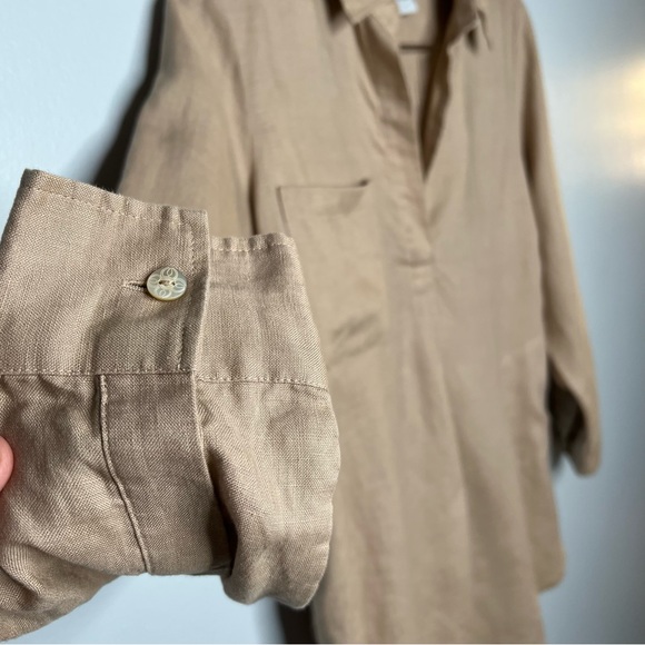 Soft Surroundings Tan Long Sleeve 100% Linen Collared Tunic Top Size PS Pockets - Picture 5 of 12